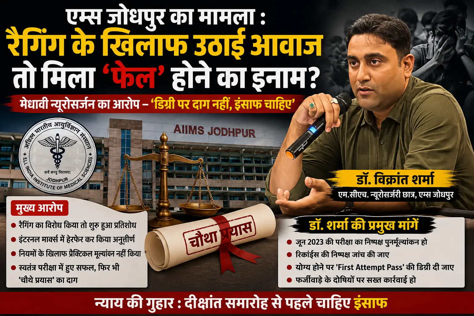 एम्स जोधपुर का मामला  रैगिंग के खिलाफ उठाई आवाज तो मिला ‘फेल’ होने का इनाम; मेधावी न्यूरोसर्जन ने कहा- ‘डिग्री पर दाग नहीं, इंसाफ चाहिए”